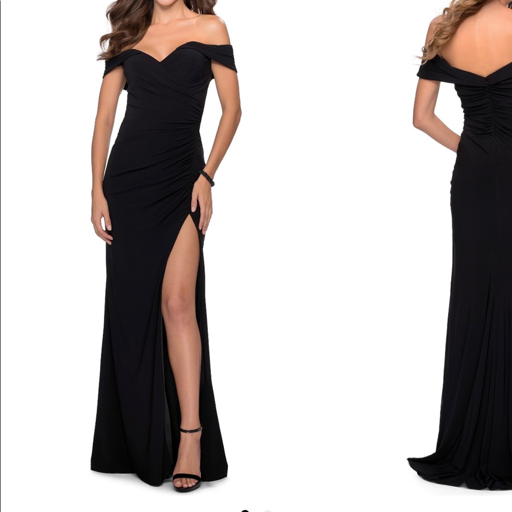 La Femme Black Off the Shoulder Jersey Gown